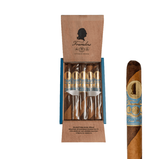 An open box of Founders Cigar Co. Signature Dual Wrap Toro cigars shows five barber pole cigars with gold and blue labels; one, featuring Connecticut Shade and San Andrés Maduro wrappers, stands upright on the right.