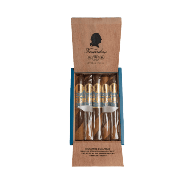 An open wooden box of Founders Cigar Co. Founders Signature Dual Wrap Toro cigars reveals five individually wrapped cigars, including a smooth Connecticut shade option.