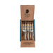 An open wooden box of Founders Cigar Co. Founders Signature Dual Wrap Toro cigars reveals five individually wrapped cigars, including a smooth Connecticut shade option.