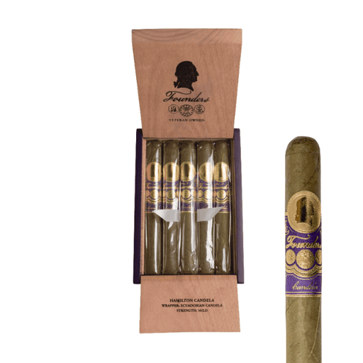 An open wooden cigar box displays five Founders Hamilton Candela Toro cigars from Founders Cigar Co., each with green Ecuadorian Candela wrappers and purple and gold bands; one cigar is shown separately on the right.