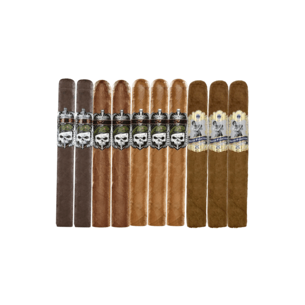 Ten Gurkha Everyday Sampler cigars are arranged side by side in a row, showcasing two distinct label designs and a range of brown wrapper shades, all set against a white background.