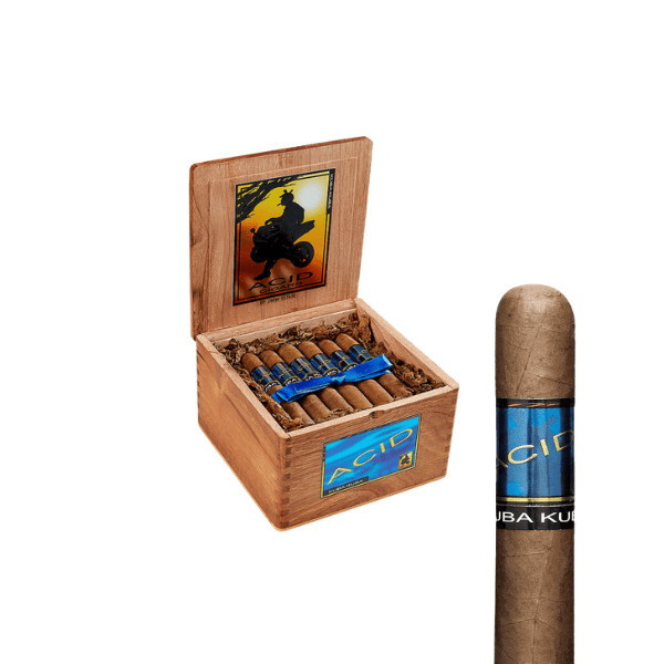 An open wooden box of ACID Kuba Kuba by Drew Estate is displayed, showing several infused cigars with their signature blue labels inside; a close-up on the right highlights the ACID Kuba Kuba cigar.
