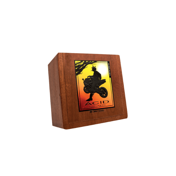 A wooden cigar box with a vibrant label featuring a person on a motorcycle and the text “Acid Cigars” on the front, this striking piece contains ACID Kuba Kuba by Drew Estate—one of their most popular infused cigars.