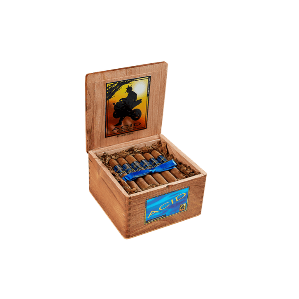 A wooden cigar box labeled “ACID” on the front and inside the lid displays several ACID Kuba Kuba by Drew Estate cigars, each wrapped with a blue band. The box is set against a white background.