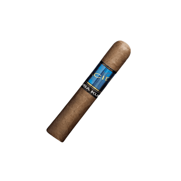 A single ACID Kuba Kuba by Drew Estate cigar, featuring a brown wrapper and a distinctive blue and black band, is displayed against a white background.