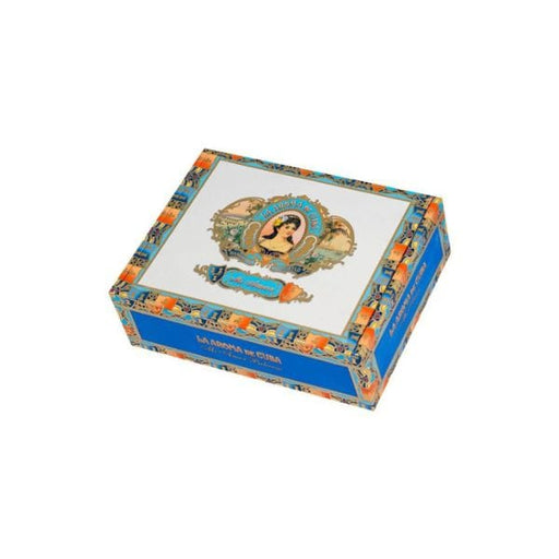 An open box of La Aroma De Cuba cigars reveals several Nicaraguan sticks inside, with one La Aroma De Cuba Mi Amor Belicoso cigar pictured close-up, highlighting its colorful vintage band design.