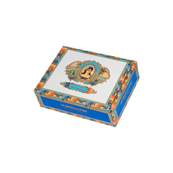A decorative rectangular cigar box with colorful artwork and a central image of a woman on the lid, inspired by La Aroma De Cuba Mi Amor Belicoso, a premium Nicaraguan cigar from La Aroma De Cuba.