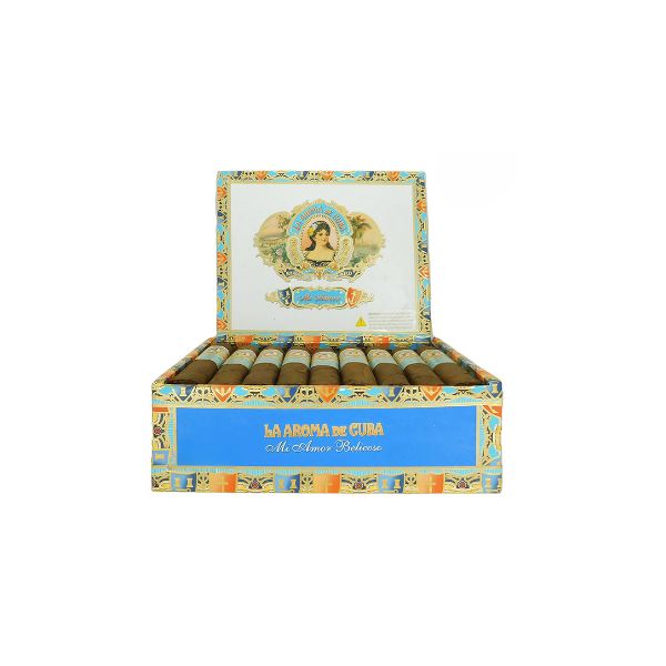 An open box of La Aroma De Cuba Mi Amor Belicoso cigars from La Aroma De Cuba displays rows of premium Nicaraguan cigars and a decorative label featuring a woman’s portrait inside the lid.