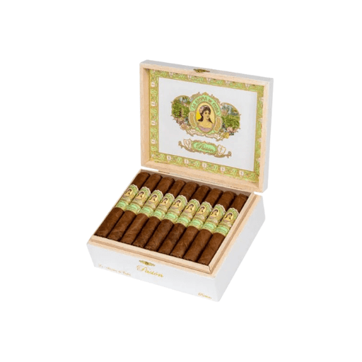 An open wooden box of brown cigars with green and gold labels displays a La Aroma De Cuba Pasion Robusto cigar in detail in the foreground.