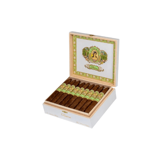 An open box of La Aroma De Cuba Pasion Torpedo (Box Pressed) cigars by La Aroma De Cuba shows several neatly arranged cigars with decorative bands and a single cigar displayed in detail beside the box.
