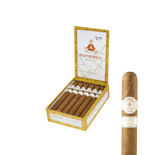 Montecristo cigars in an open box with a single cigar displayed on a white background