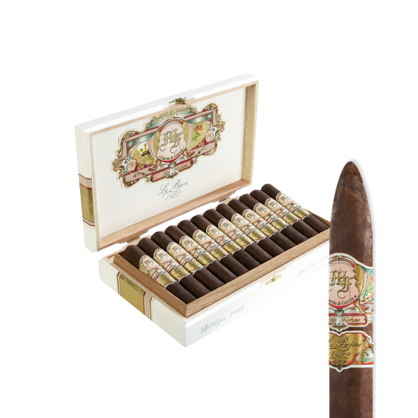 An open box of My Father Le Bijou 1922 Torpedo (Box Pressed) Nicaraguan cigars by My Father, featuring ornate labels, multiple cigars inside, and a close-up of a single box-pressed cigar in the foreground.