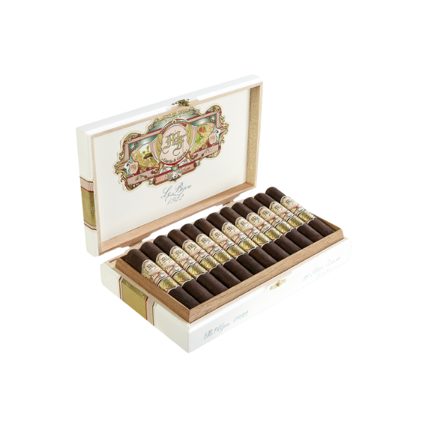An open white box reveals two rows of My Father Le Bijou 1922 Torpedo (Box Pressed) cigars with ornate bands, decorative branding on the lid and exterior—an elegant display of premium Nicaraguan cigars by My Father.