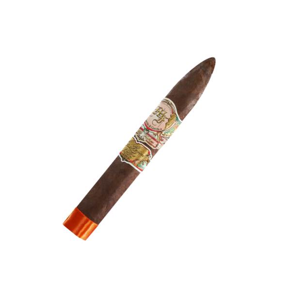 A box-pressed My Father Le Bijou 1922 Torpedo cigar by My Father, featuring decorative gold and red bands and an orange ribbon at the tip, isolated on a white background.