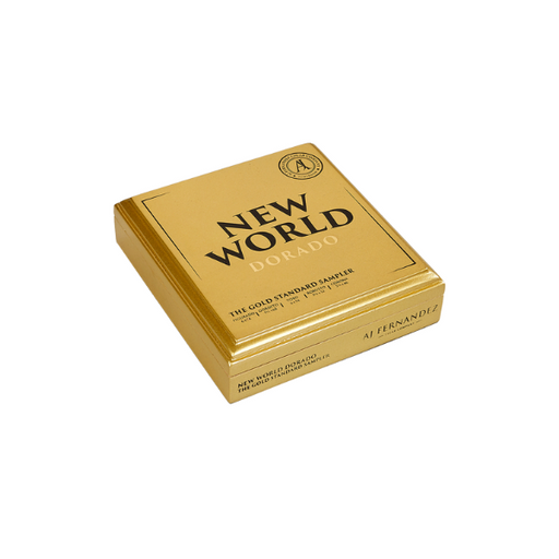 The New World Dorado Sampler by AJ Fernandez comes in a gold box with black text and a square design, highlighting this renowned Nicaraguan puro from the celebrated AJ Fernandez brand.