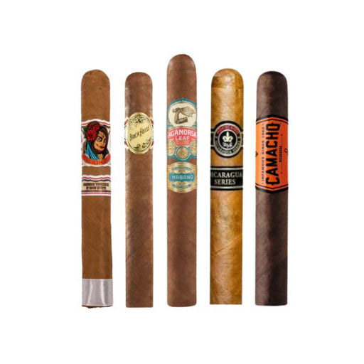 The After Action Cigars Nicaraguan Heat Sampler displays five upright Nicaraguan cigars with colorful bands, offering a visually appealing selection for full-bodied cigar lovers against a white background.
