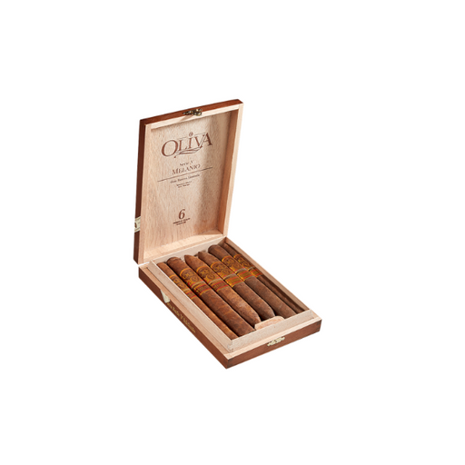 An open Oliva Serie V Melanio 6 Cigar Sampler box displays six Nicaraguan cigars neatly arranged inside, the lid propped up to showcase their renowned full-bodied flavor.