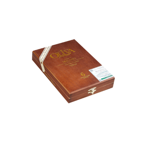 A closed brown Oliva Serie V Melanio 6 Cigar Sampler box by Oliva features gold lettering, a white seal, and a Spanish health warning label—an elegant showcase for these premium full-bodied Nicaraguan cigars.