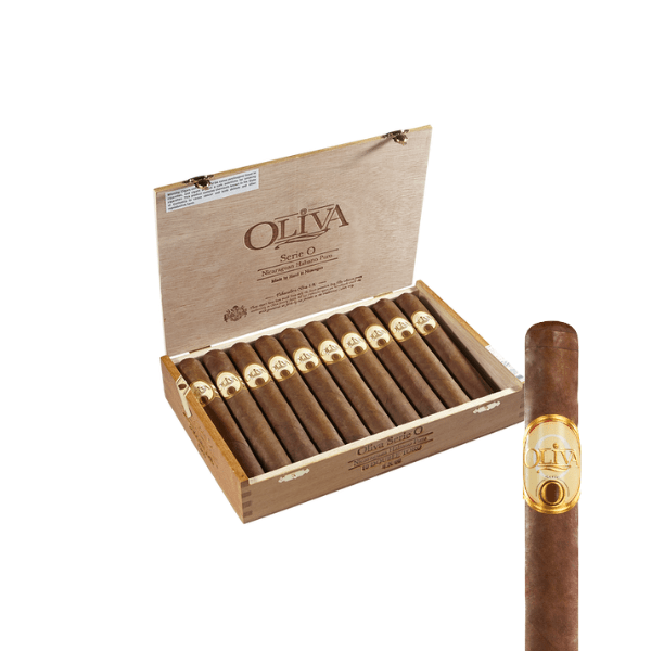 An open wooden box labeled "Oliva Serie O" reveals twelve Oliva Serie O Toro cigars by Oliva Cigars. A close-up highlights one Nicaraguan puro cigar with a gold band next to the box.