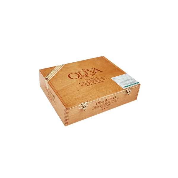 A closed wooden Oliva Serie O Toro box by Oliva Cigars features gold clasps, branded lid, and a green and white corner seal—ideal for fans of Nicaraguan puro premium cigars.