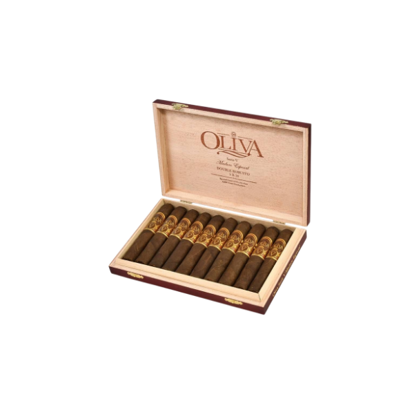 An open wooden box of ten Oliva Serie V Double Robusto cigars, arranged in a row with the lid propped up to display the Oliva logo and showcase the Ecuadorian Habano Sun Grown wrapper.