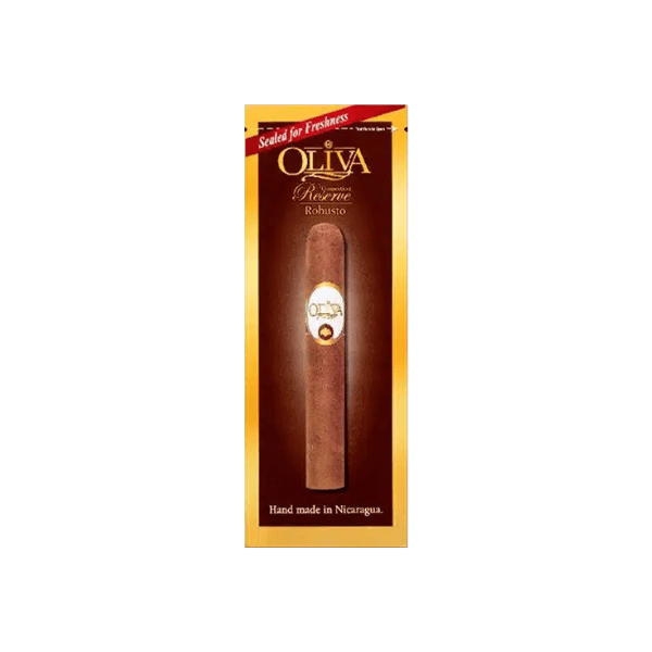 The Oliva Cigars "Oliva Serie G Robusto" comes in brown packaging with a Cameroon wrapper and displays "Hand made in Nicaragua" at the bottom.