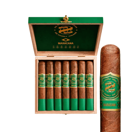 A wooden box of six Oz Family Cigars Maracana Robusto—medium to full-bodied cigars with green and gold labels—displays a rich Brazilian Arapiraca wrapper, with one cigar standing upright beside the open box.