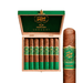 A wooden box of six Oz Family Cigars Maracana Robusto—medium to full-bodied cigars with green and gold labels—displays a rich Brazilian Arapiraca wrapper, with one cigar standing upright beside the open box.