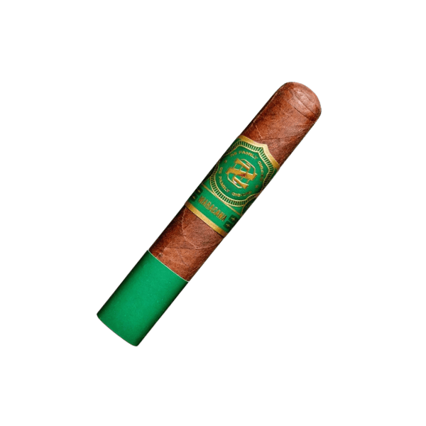 A single brown Oz Family Cigars Maracana Robusto, featuring a green and gold label and a Brazilian Arapiraca wrapper, is displayed isolated on a white background. This medium to full-bodied cigar exemplifies expert craftsmanship.