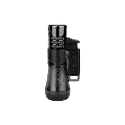The Palio Siena Single Torch Lighter by Palio Cigar Cutters & Lighters features a black refillable body, clear fuel chamber, and flip-top ignition cover—ideal for cigars and displayed against a white background.