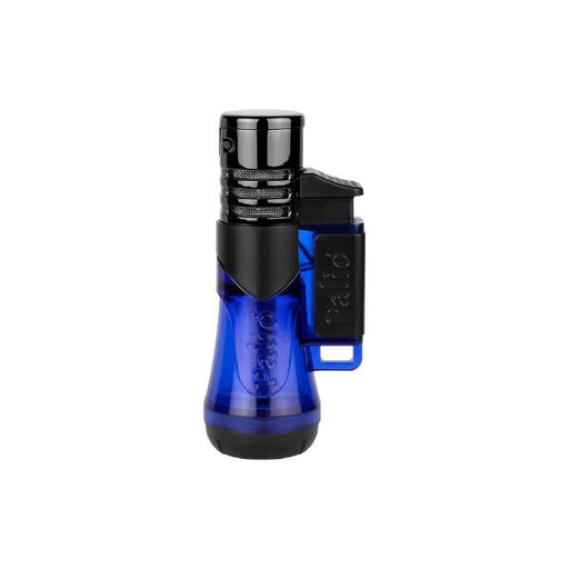 The Palio Siena Single Torch Lighter by Palio Cigar Cutters & Lighters features a blue and black transparent body, side ignition switch, and is perfect as a refillable butane torch for cigars.