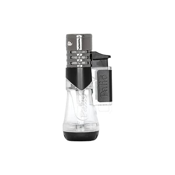 The Palio Siena Single Torch Lighter by Palio Cigar Cutters & Lighters is a handheld black and silver jet lighter featuring a transparent butane chamber and side trigger, designed for precision and easy use.