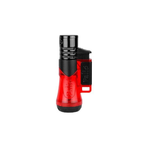 The Palio Siena Single Torch Lighter by Palio Cigar Cutters & Lighters features a black refillable body, clear fuel chamber, and flip-top ignition cover—ideal for cigars and displayed against a white background.
