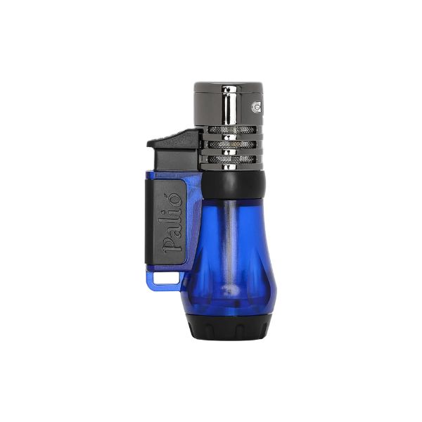 The Palio Vesuvio Triple Torch Lighter by Palio is blue and black with a transparent body and metallic top, shown upright against a white background. It delivers a powerful triple-jet flame for precise cigar lighting.