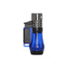 The Palio Vesuvio Triple Torch Lighter by Palio is blue and black with a transparent body and metallic top, shown upright against a white background. It delivers a powerful triple-jet flame for precise cigar lighting.
