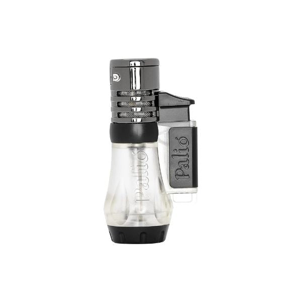 The Palio Vesuvio Triple Torch Lighter by Palio is displayed against a white background, showcasing its silver and black design, transparent fuel tank, side trigger, and powerful triple-jet flame—perfect for cigar aficionados.