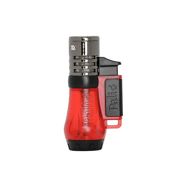 The Palio Vesuvio Triple Torch Lighter features a red and black design, triple-jet flame, transparent fuel chamber, and metallic ignition—an ideal cigar lighter by Palio.