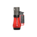 The Palio Vesuvio Triple Torch Lighter features a red and black design, triple-jet flame, transparent fuel chamber, and metallic ignition—an ideal cigar lighter by Palio.