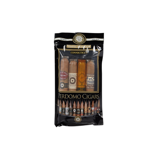 The Perdomo Humidified 4-Pack Connecticut Sampler features mild to medium cigars in sleek black packaging, clearly labeled with the Perdomo brand and product details.