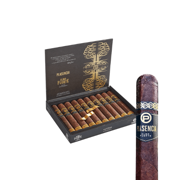 A box of Plasencia 1865 Alma Fuerte Robusto Nicaraguan cigars is open, displaying neatly arranged cigars; one robusto cigar is shown in close-up on the right, highlighting its dark brown wrapper and branded band.