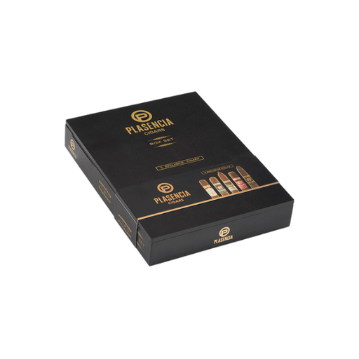 The Plasencia 5 Cigar Box Sampler by Plasencia Cigars comes in a sleek black rectangular box with gold and white accents, featuring images of four cigars—an elegant way to experience the Plasencia sampler collection.