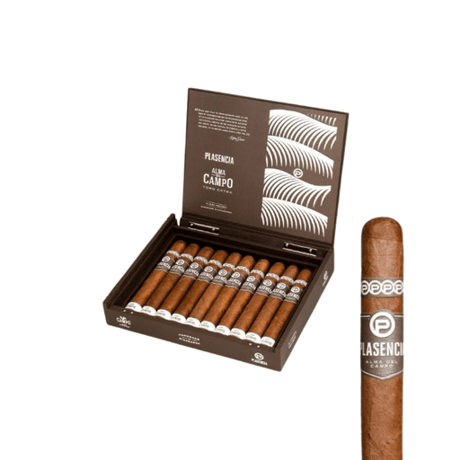 An open box of Plasencia Alma Del Campo Robusto cigars by Plasencia Cigars reveals several inside, with one Robusto cigar shown in close-up on the right.