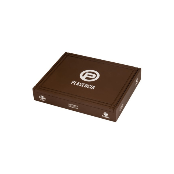 A rectangular brown box with the Plasencia Cigars logo and name on top and side, featuring the Plasencia Alma Del Campo Robusto cigar, set against a plain white background.