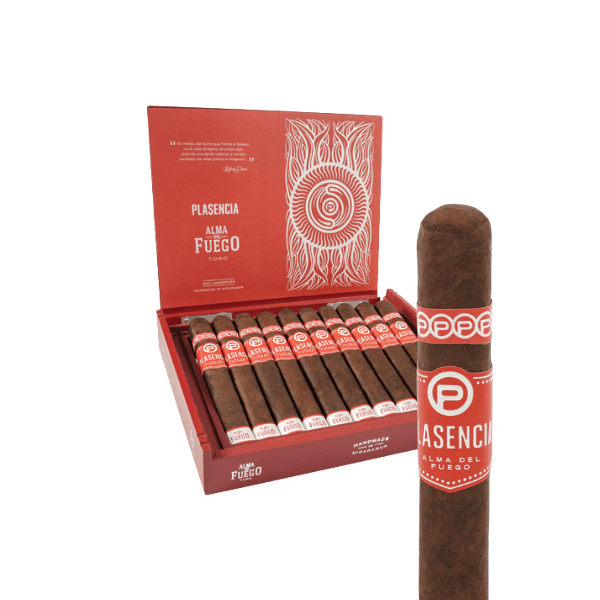 An open box of Plasencia Alma del Fuego Candente cigars with one cigar displayed in the foreground; the box reveals several expertly crafted cigars made with rich Ometepe tobacco.