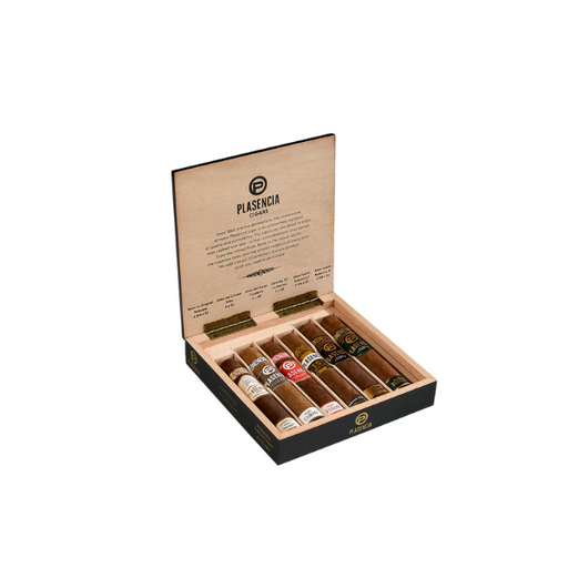 A Plasencia 6 Cigar Robusto Sampler box by Plasencia is open, revealing six premium handcrafted cigars with different colored labels, all set against a white background.
