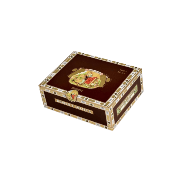 A rectangular, closed cigar box with a red and gold design featuring "Romeo y Julieta Reserve Toro" and decorative artwork on the lid and sides, ideal for storing your favorite Romeo y Julieta Cigars.