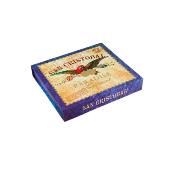 A closed rectangular box labeled "San Cristobal Paradise Assortment" features a vibrant bird illustration and the San Cristobal brand, ideal for presenting a premium Nicaraguan cigar sampler crafted by Pepin Garcia.