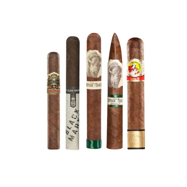 Five After Action Cigars stand upright in the Sumatra Standouts Sampler, each featuring unique bands and labels, delivering complex flavors characteristic of premium Sumatra cigars.