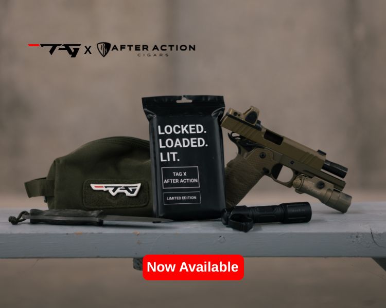 A branded cigar pouch, pistol, flashlight, and green pouch are displayed on a table with “Now Available” in red at the bottom.