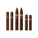 Six brown cigars with colored bands, arranged in a row on a white background; the two center cigars have pointed tips while the others feature rounded ends, showcasing the unmistakable quality of Pete Johnson blends included in the Tatuaje Essentials Cigar Sampler—a true collection of Cuban-inspired smokes.